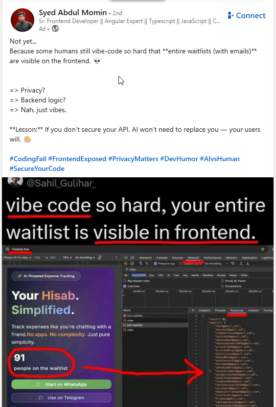 LinkedIn post about AI coding challenges
